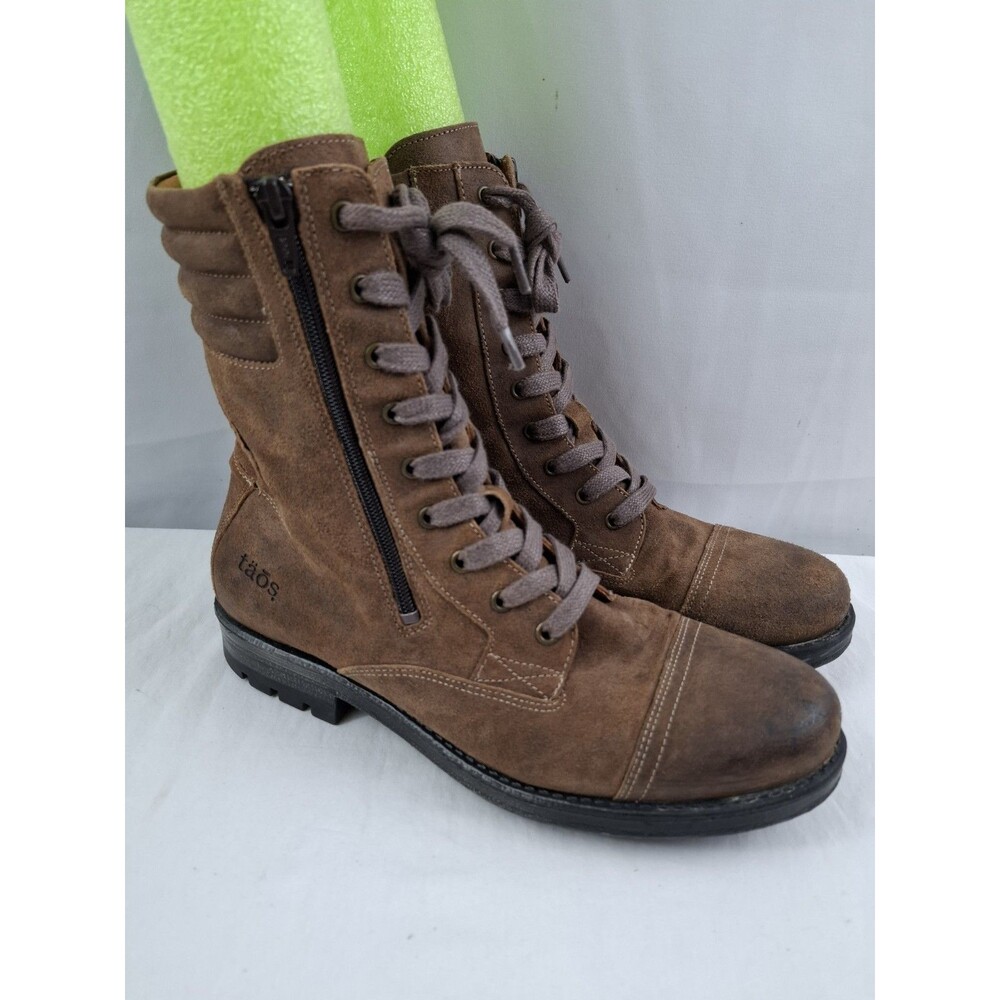 Taos Renegade Combat Boot Brown Leather Zip & Lace Boho Womens US 10-10.5 EU 41